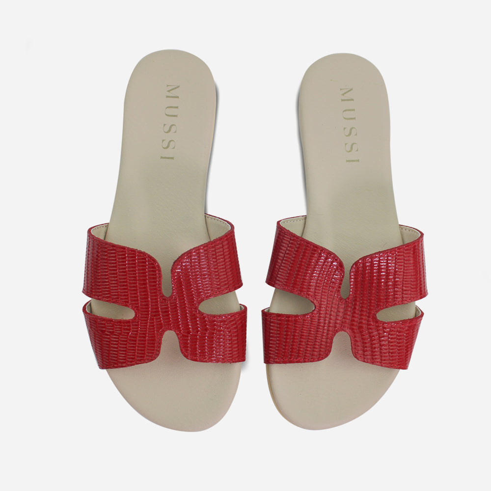 Sandalia plana rem de cuero para mujer - Rojo