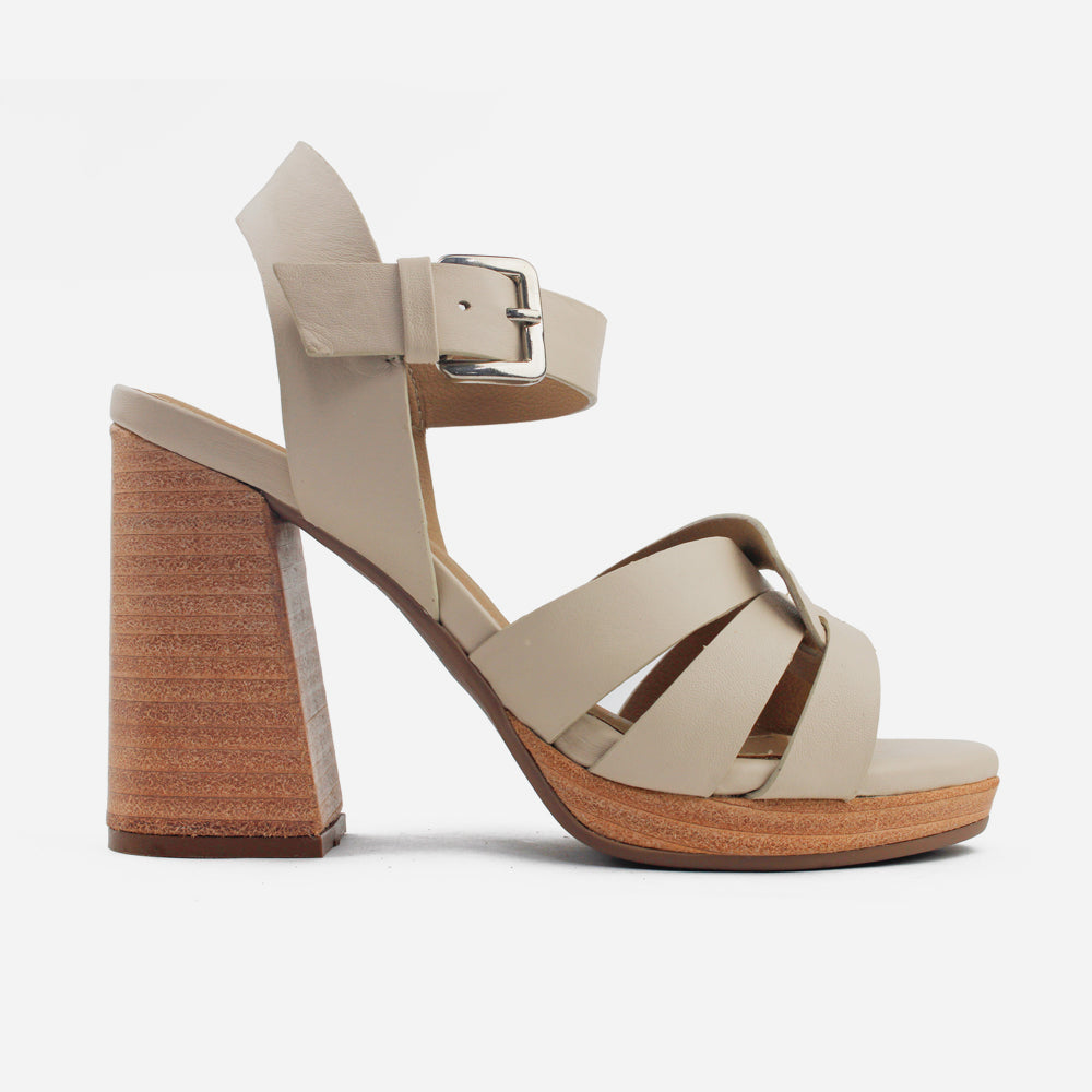 Sandalia tacon plataforma mía de cuero para mujer - Beige