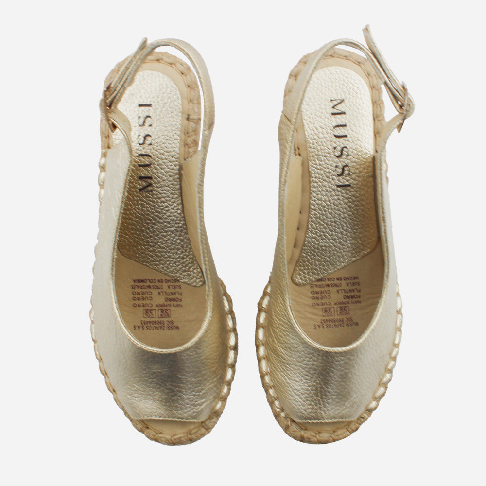 Sandalia espadrilla celeste de cuero para mujer - Oro